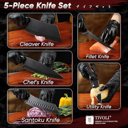 TIVOLI Kitchen Knife Set 5pcs - Chef Knife Set with Full Tang Wooden Handle - Cleaver, Boning, Fillet, Santoku, Kitchen Utility Knives - Cooking Gifts for Men and Women - size: 8.1
