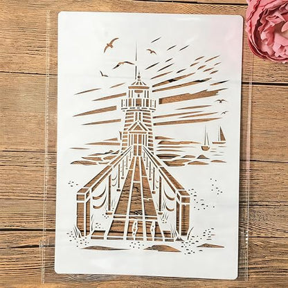 TIAMECH A4 Reusable Coast Lighthouse Stencil for Painting | Beach Seaside Boardwalk Layering Template, DIY Wall Art, Wood Furniture, Scrapbook & Crafts (8.3x11.7inch) - style: Lighthouse Boardwalk