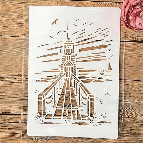 TIAMECH A4 Reusable Coast Lighthouse Stencil for Painting | Beach Seaside Boardwalk Layering Template, DIY Wall Art, Wood Furniture, Scrapbook & Crafts (8.3x11.7inch) - style: Lighthouse Boardwalk