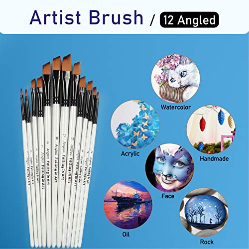 Falling in Art Paint Brushes Set, 12 PCS Nylon Professional Angled Paint Brushes for Watercolor, Oil Painting, Acrylic, Face Body Nail Art, Crafts, Rock Painting - size: 12 Pcs Angled Nylon