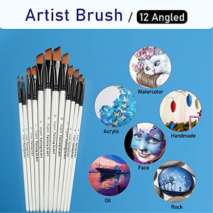 Falling in Art Paint Brushes Set, 12 PCS Nylon Professional Angled Paint Brushes for Watercolor, Oil Painting, Acrylic, Face Body Nail Art, Crafts, Rock Painting - size: 12 Pcs Angled Nylon