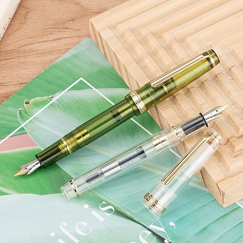 Jinhao 82 Acrylic Fountain Pen, Iridium Medium Nib with Ink Converter, Transparent Olive Green Classic Design Smooth Writing Pen (Gold Trim) - color: Olive Green Clear (Gold Trim), style: Medium (0.7 mm)