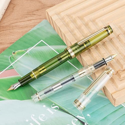 Jinhao 82 Acrylic Fountain Pen, Iridium Extra Fine Nib with Ink Converter, Transparent Olive Green Classic Design Smooth Writing Pen (Gold Trim) - color: Olive Green Clear (Gold Trim), style: Extra Fine (0.38 mm)