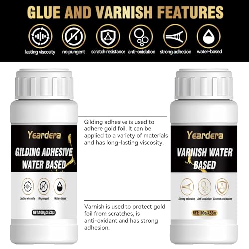 Yeardera Gold Leaf Kit, 100ml Gilding Adhesive and Varnish with 100 Gold Leaf Sheets for Arts, Crafts, Painting, Furniture, and Decoration