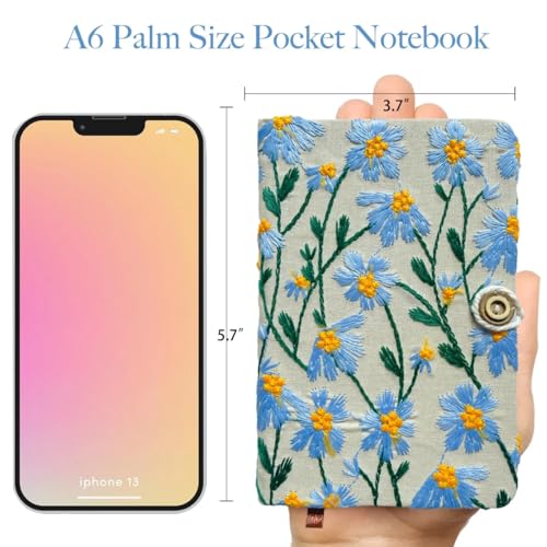 Pocket Notebook, Small Sketchbook, A6 Journal, 4x6 Notebook, Daisy Gifts for Women, Floral Notebook, Embroidery Journal, Blank Notebook, Hardcover, Diary for Girls, Blue Daisy - color: A6-button-blue, style: Plain