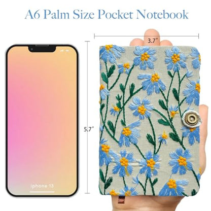 Pocket Notebook, Small Sketchbook, A6 Journal, 4x6 Notebook, Daisy Gifts for Women, Floral Notebook, Embroidery Journal, Blank Notebook, Hardcover, Diary for Girls, Blue Daisy - color: A6-button-blue, style: Plain
