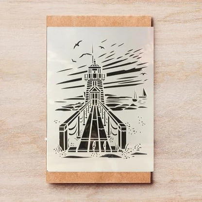 TIAMECH A4 Reusable Coast Lighthouse Stencil for Painting | Beach Seaside Boardwalk Layering Template, DIY Wall Art, Wood Furniture, Scrapbook & Crafts (8.3x11.7inch) - style: Lighthouse Boardwalk