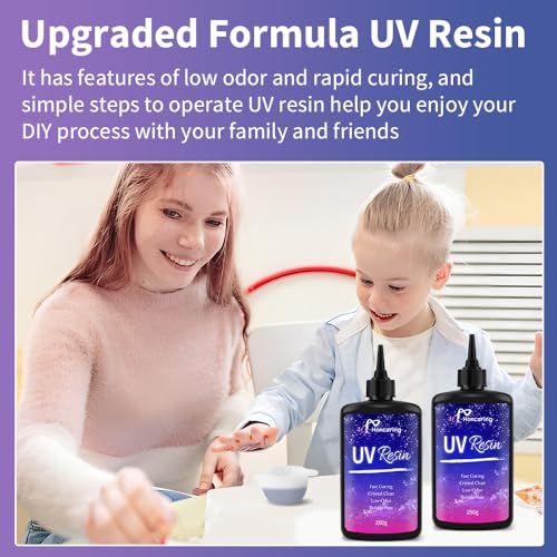 Honcaring UV Resin 500g, Clear Beginner-Friendly Kit with Silicone Tools, Upgraded Formula & Crystal Clear for Jewlery Making, Craft, 250g*2 Resin UV Kit for Earring, Pendant, DIY - size: 500g without uv light