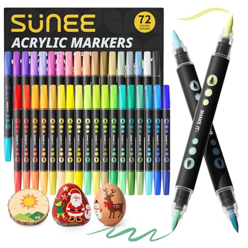 SUNEE 72 Colors Acrylic Paint Markers, 36 Pack Brush Tip Paint Pens with Automatic Ink Control System, Coloring Markers for Metal, Rock, Ceramic, Wood, Canvas, Glass, DIY Crafts Art Supplies Kit - color: 36 Pack 72 Colors