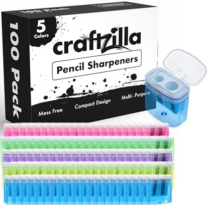 Craftzilla Pencil Sharpener 100 Pack, Manual Pencil Sharpeners Bulk, Handheld Dual Hole with Lid for Kids and Classroom, School Office Supplies - size: 100pcs Pencil Sharpeners