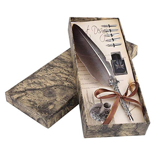 Calligraphy Pen Set Writting Quill Feather Pen 100% Hand Craft Real Feather and Stainless Steel Nib Best Antique Executive，Contains Ink no Need to Purchase Additional Ink (Black)