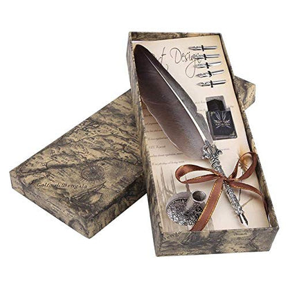 Calligraphy Pen Set Writting Quill Feather Pen 100% Hand Craft Real Feather and Stainless Steel Nib Best Antique Executive，Contains Ink no Need to Purchase Additional Ink (Black)