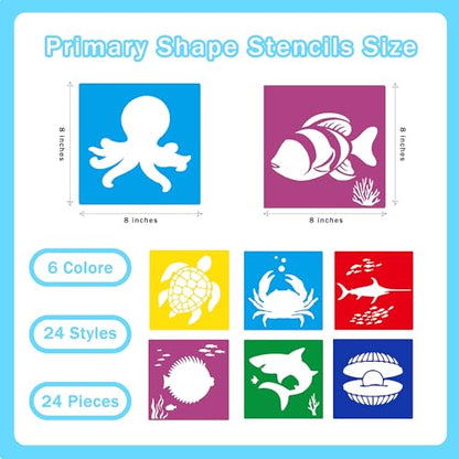 24 Pieces Stencils,Large Drawing Stencils Chalk Template,8 Inches Washable Shape Template Stencils Kit for Crafts,Painting Drawing (Ocean, 8 inch) - color: Ocean