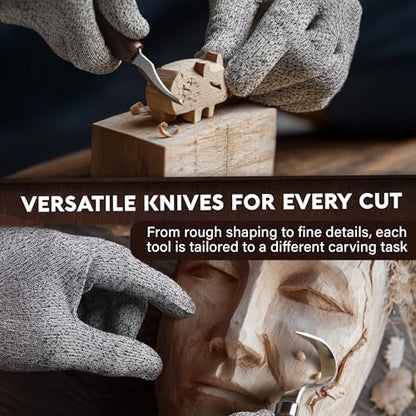 Wood Carving Kit for Beginners - Gift Ready Complete Tools Set | Whittling Kit with 8 Wood Carving Knives, Spoon Carving Tools, Wood Blocks, Gloves, Roll Bag and Sharpening Strop