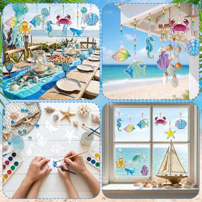 WinnerWhy 30 Sets Summer Ocean Beach Suncatchers Window Art DIY Kits Coastal Suncatcher Crafts Bulk Paint Your Own Window Hanging Ornaments for Home Party Activities Art Project - style: Ocean