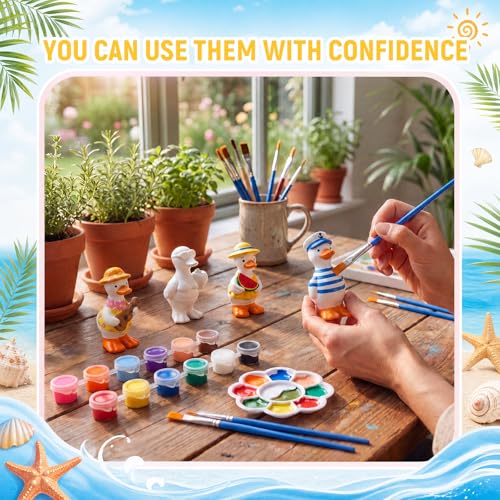 Soulchen 17 Pcs Paint Your Own Summer Beach Goose Ceramic Paint Craft Set Include 12 Unpainted Ceramic Geese, 2 Strips of Paints with 2 Brushes 1 Palette Toys Gift for Birthday Christmas - style: Summer Goose