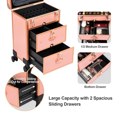 3 in 1 Rolling Makeup Case, Professional Cosmetology Case on Wheels, Detachable Clear Makeup Bag & Nail Polish Organizer, Portable Makeup Trolley with Drawers for Makeup Artists & Nail Technicians - color: Rose Golden