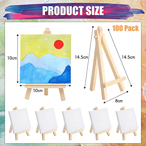 Fuutreo 200 Pcs 4 x 4 Inch Mini Canvas and Easel Set, 100 Mini Stretched Canvas with 100 Wooden Easels for Acrylic Pouring Oil Paint Water Color Painting - size: 4 x 4 Inch