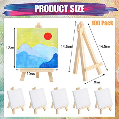 Fuutreo 200 Pcs 4 x 4 Inch Mini Canvas and Easel Set, 100 Mini Stretched Canvas with 100 Wooden Easels for Acrylic Pouring Oil Paint Water Color Painting - size: 4 x 4 Inch