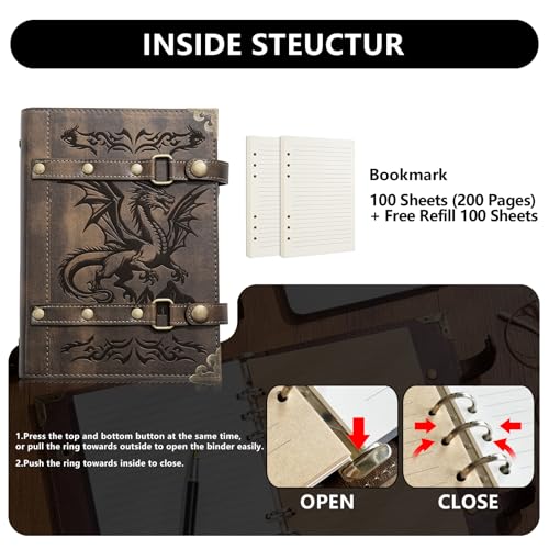 DND Notebook Dragon Journal for Dungeons And Dragons/D&D Accessory Gifts | refillable Leather 400 Pages A5 personalized Notepad for Men and Women(1-Khaki-Dragon) - color: 1-Khaki-Dragon