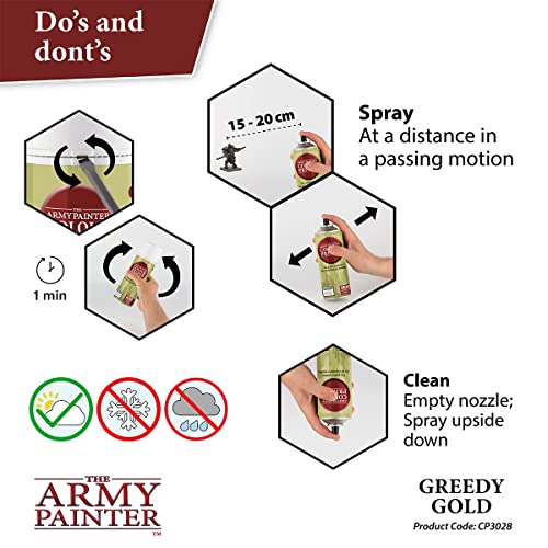 The Army Painter Colour Primer Greedy Gold, 400 mL Acrylic Spray Primer, Spray Paint for Miniature Priming Basecoat, Tabletop Roleplaying, Boardgames, and Wargames Miniature Modelling - color: Greedy Gold