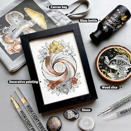 Highlight Pens 12 Pack, White Ink Pens Set with Metallic Silver Gold Bronze, Fine & Brush Tip Paint Pens for Black Paper, Card Making, Rock Painting, Glass, DIY Crafts