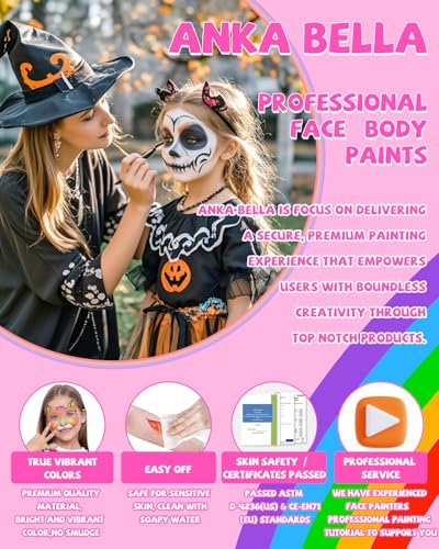 Anka Bella Professional Face Painting Kit with Over 180 Tutorials | For beginners and professionals,Bright color,high pigment,Water Based Face and Body Paint with Brushes & Stencils - color: Rainbow Cake