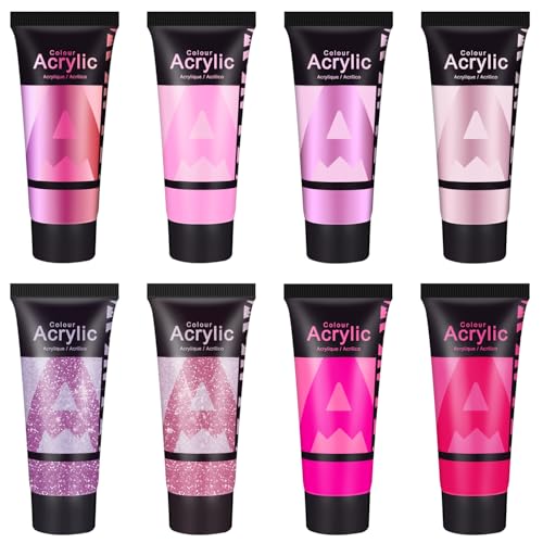 AUREUO Pink Acrylic Paint Set - 8 Hot Pink Colors x 0.71 Fl Oz / 21ml Metallic Iridescent Glitter Paints for Canvas, Rocks, Wood, Fabric, Ceramic - Art Paints for Painting - color: 8 Pink Colors, size: 0.71 Fl Oz (Pack of 8)