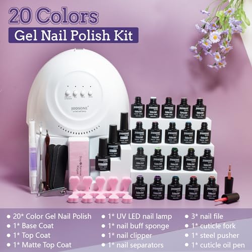 JODSONE 20 Colors Gel Nail Polish Kit with U V Light Base Top Matte Coat High Shine Vibrant Nail Gel Equipped with Manicure Tools - color: 20KIT-SUN1G-01A