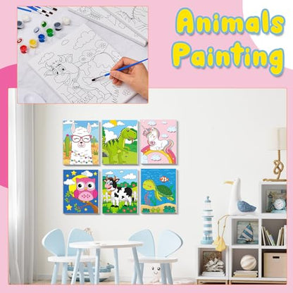Ireer 84 Pcs 12 Sets Paint Party Kits Animal Pre Drawn Canvas, Wooden Easel, Paintbrushes, Palette, Acrylic Paints and Aprons, Pre Drawn Canvas to Paint for DIY Birthday Party Gift(8 x 10 Inches) - size: 8 x 10 inches
