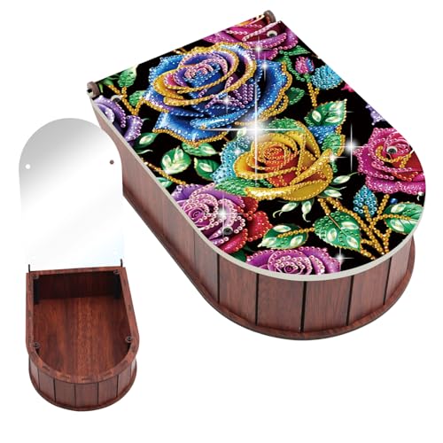 JZHYOAN Diamond Painting Cosmetic Storage Box with Mirror DIY Flower Flip Cover Wooden Storage Case for Adult Diamond Art Organizer for Lipstick Rhinestone Art Craft Handmade Desktop Decor Gifts - color: Yellow flower