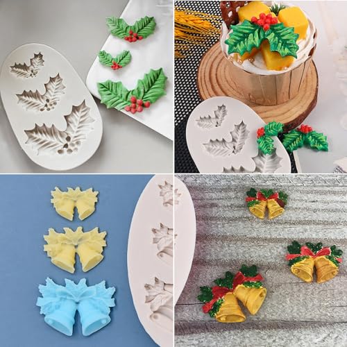 4PCS Christmas Fondant Molds, Christmas Holly Leaves Bells Pinecone Silicone Chocolate Molds, Unique Shape Cake Pop Candy Gummy Molds for Baking, DIY Holiday Dessert Polymer Clay Candle Craft - color: 4pc xmas