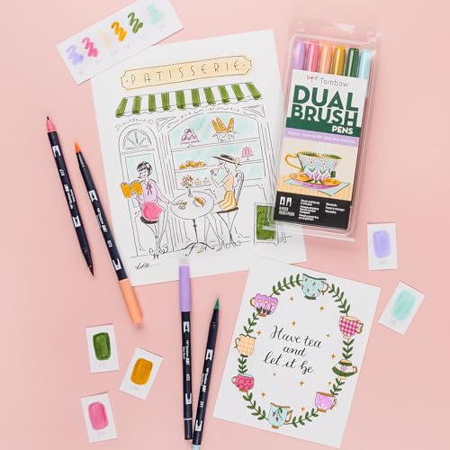 Tombow 56242 Dual Brush Pen Art Markers, Teatime, 6-Pack, Water-Based, for Hand Lettering, Watercolor, Fine Art, Illustrations