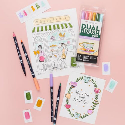 Tombow 56242 Dual Brush Pen Art Markers, Teatime, 6-Pack, Water-Based, for Hand Lettering, Watercolor, Fine Art, Illustrations