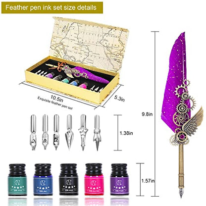 NC Quill Pen Set, Feather Pen With 5 Ink Bottles and 6 Replaceable Nibs, 1 Mechanical Quill, Calligraphy Pen for Writing, Letters, Diary, Signing, Invitation (Purple) - color: Purple