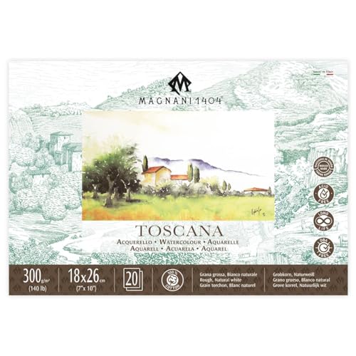Magnani 1404 Toscana Rough 100% Cotton Watercolor Paper Block, 20 Sheets, 7x10, 140 lb, Acid-Free, UV Resistant, Vegan Sized Water Color Paper for Artists, Made in Italy - size: 7x10" Block