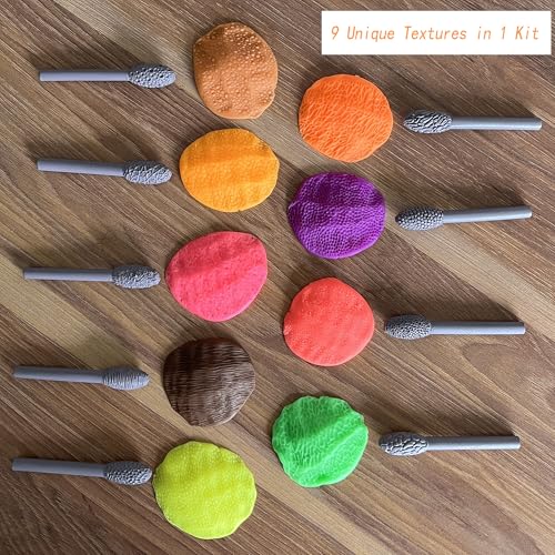 Texture Tool Sets for Clay Art - Oval Clay Modeling Pattern Rollers kit with Ergonomic Handles for Polymer Clay, Pottery, Ceramics, Sculpting Tools, Paint Sticks, DIY Crafts (9 Pcs)