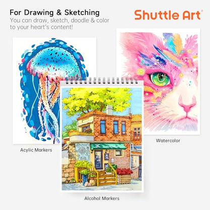 Shuttle Art Marker Pad, 12”x9” Portable Sketchbook, 70 Sheets Marker Drawing Paper, 110LB/180GSM Smooth Surface Bleedproof Art Paper, Spiral-Bound, Great for Artists to Draw, Paint & Sketch - size: 12x9 inch