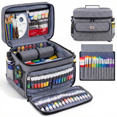 JJRING Versatile Acrylic Paint Organizer Bag With Adjustable Dividers For Multi-Size Bottles, Art Supply Storage Case Features 12-Slot Brush Holder & Clear Zipper Pocket, Travel Craft Tote(Grey) - color: Grey