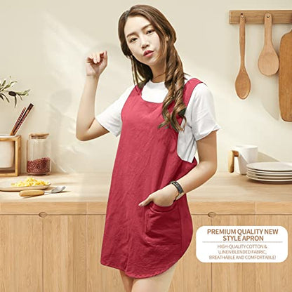 Shortened Design Apron, Japanese Style Soft Cotton Linen Apron with Two Side Pockets, X Cross Halter Aprons, Kitchen Cooking Clothes Gi/ft for Women DIY Project, Crafting, Cooking, Baking(Wine Red) - color: Red, style: 1# Style-rounded Edge