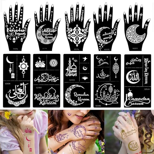 Xmasir 10 Sheets Henna Tattoo Stencil Kit Ramadan Tattoo Templates Eid Temporary Tattoos Stickers Reusable Set for Body Art Paint - size: 10P