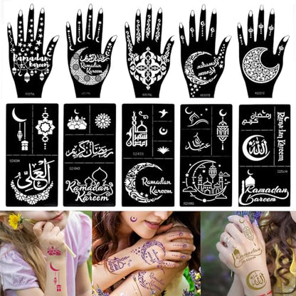 Xmasir 10 Sheets Henna Tattoo Stencil Kit Ramadan Tattoo Templates Eid Temporary Tattoos Stickers Reusable Set for Body Art Paint - size: 10P