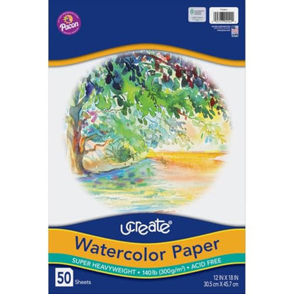 UCREATE Super Heavyweight Watercolor Paper, White, 140 lb., 12" x 18", 50 Sheets/Pack - size: 12" x 18"