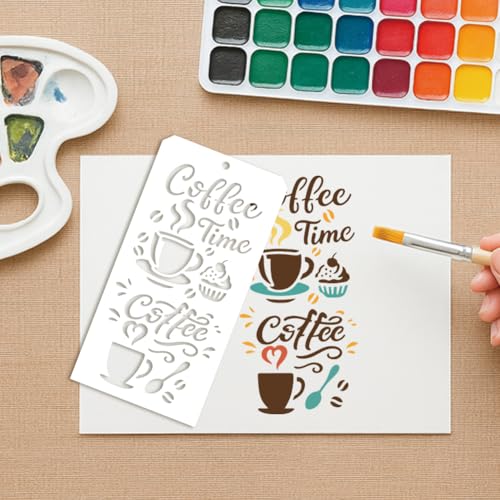 12 Sheets Stencils for Painting, 12 Styles Coffee Afternoon Tea Designs Drawing Templates Reusable Art Stencil for Hand Forearm Painting on Wall Wood Home Decor - style: Coffee