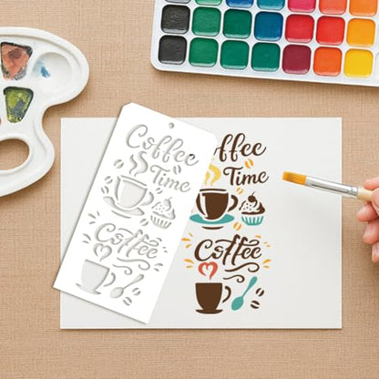 12 Sheets Stencils for Painting, 12 Styles Coffee Afternoon Tea Designs Drawing Templates Reusable Art Stencil for Hand Forearm Painting on Wall Wood Home Decor - style: Coffee