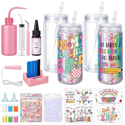 Meanplan 24 Pcs End of Year Teacher Appreciation Gifts DIY Snow Globe Tumbler Starter Kit, 16 oz 4 Double Wall Cups, UV Dtf Cup Wraps Glitter Sequins Tools for Back to School Birthday Retirement Gifts - style: Teacher Appreciation