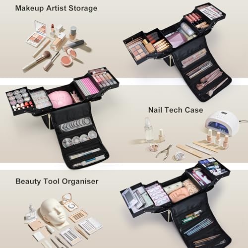 Yueieoun Large Travel Makeup Train Case, Big Makeup Bag Organizer Makeup Box,4 Tier Professional Cosmetic Storage Cases for Nail Tech Tattoo Storage Bag for Equipment and Supplies with luggage Sleeve - size: Large