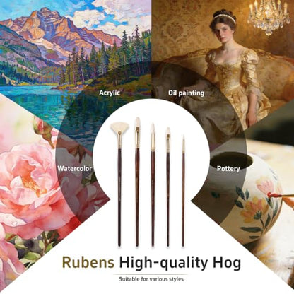 rubens Oil Paint Brush Set, 5 Pcs Natural Hog Bristle Paint Brushes | Professional Long Wooden Handles Artist Series Brushes with Fan, Flat, Round for Oil Acrylic Painting - size: Round 2,6, Filbert 4, Flat 6, Fan 4