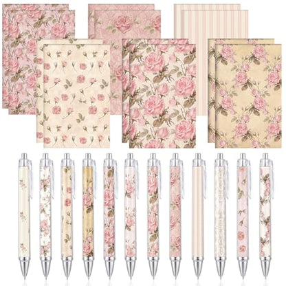 Motiskyy 24 Pcs Vintage Rose Pink Floral Pens Flower Ballpoint Pens Flower Notepads Set Design Line Notebook Employee Gifts Set for Student School Office Supplies, Back to School Gift - style: Pink