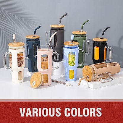WINSA Glass Tumbler with Lid and Straw, 46 oz Iced Coffee Cup with Handle, Large Water Bottles with Silicone Sleeve, Glass Cup with Straws - Pearl Straw & Drinking Straw BPA Free-Black - color: Black, size: 46 Ounces